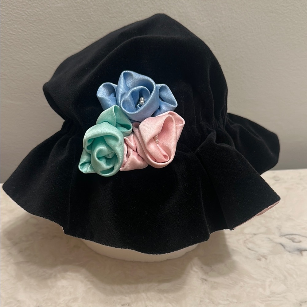 Girl’s Black Hat with Colorful Floral Accents